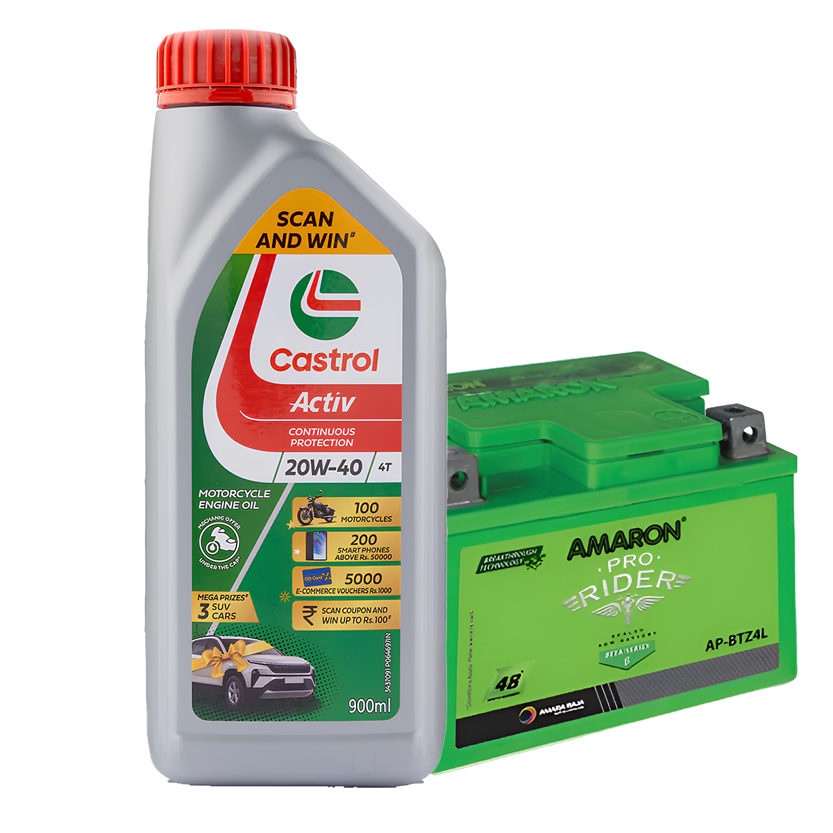 Combo Offer of 2 Castrol Activ 20W40 900ml Oil + 1 Amaron 4L Battery