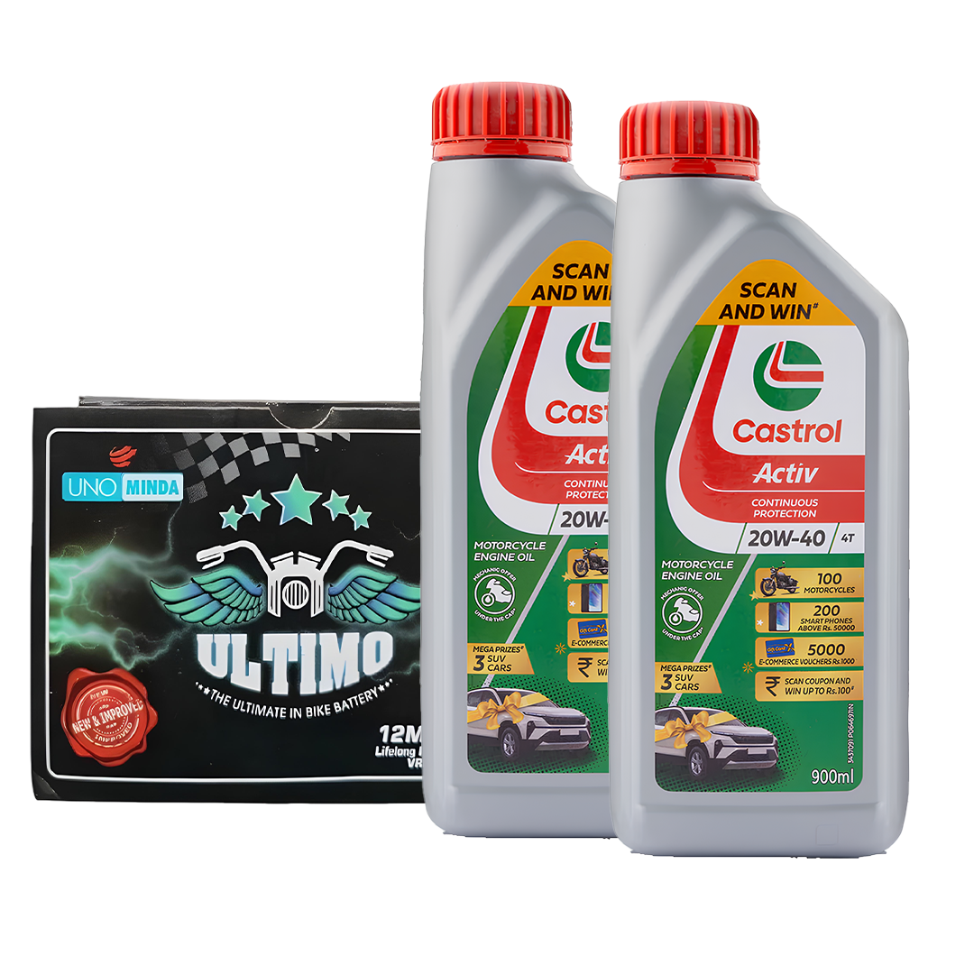 Combo Offer of 2 Castrol Activ 20W40 900ml Oil + 1 Uno Minda 4L Battery